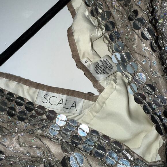 Scala Couture Sequin Beaded Mini Dress Women’s Silver V Neck Sleeveless Party 8 - Picture 8 of 16